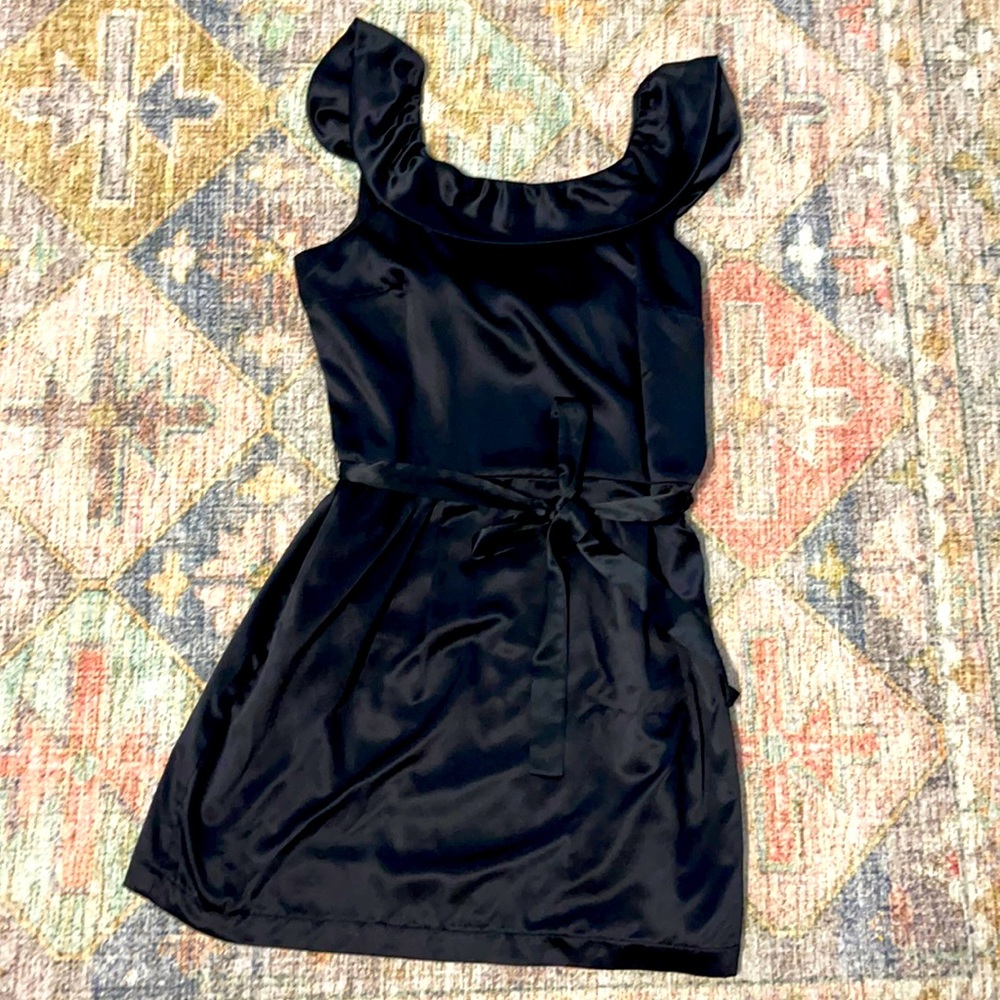 As U Wish Satin Black Cocktail Dress‎ with Ruffle Scoop Neckline